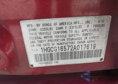 2002 Honda Accord 3.0 Ex из США, поврежденный, VIN 1HGCG16572A017619